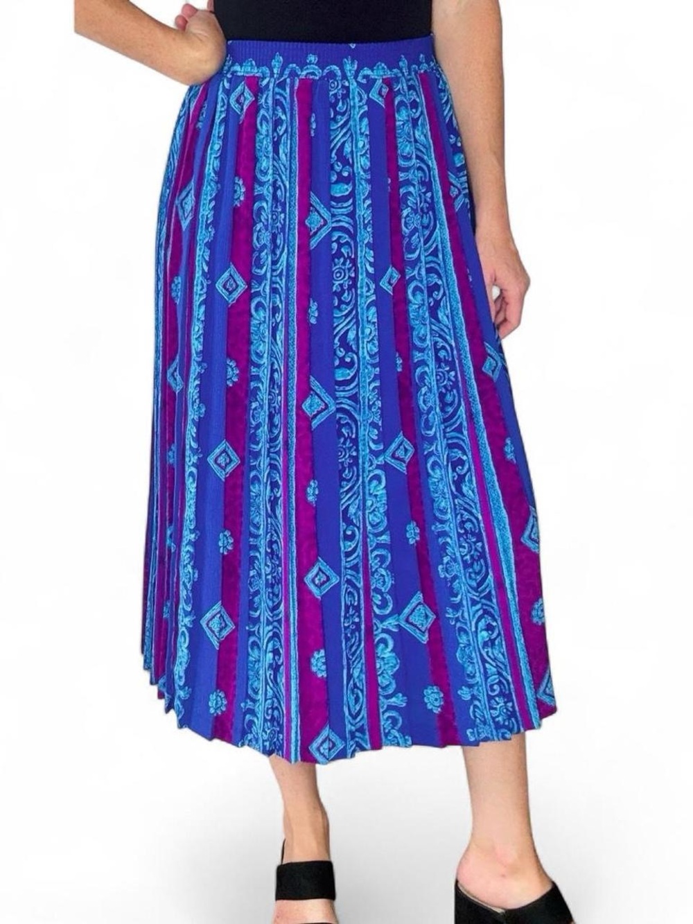 Vintage 80’s G.W. Blue Purple Stripe Abstract Midi Pleated Skirt
